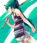  aqua_eyes aqua_hair bare_shoulders bokken casual hiro17 long_hair ponytail saegusa_wakaba shirt shorts smile solo striped striped_shirt sword tank_top vividred_operation weapon wooden_sword 