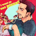  avengers bad_id bad_pixiv_id bandages bandaid bandaid_on_finger beard black_hair brown_eyes cheese cheese_trail eating english facial_hair food holding_pizza male_focus marvel mouth_hold mustache pizza simple_background slice_of_pizza solo suzuki_tsuta tony_stark 