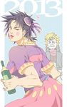  a821 black_hair blonde_hair blue_jacket bottle caesar_anthonio_zeppeli crossdressing dress facial_mark green_eyes hair_ornament headband jacket jojo_no_kimyou_na_bouken joseph_joestar_(young) lipstick lowres makeup multiple_boys one_eye_closed solo_focus 