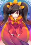  1girl ashley_(warioware) bangs black_hair breasts broom character_name commentary_request dress eyes_visible_through_hair hair_ornament kujou_mikuru long_hair long_sleeves looking_at_viewer nintendo open_mouth red_dress red_eyes sailor_collar sidelocks skull small_breasts solo twintails very_long_hair warioware yellow_sailor_collar 