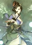  arrow black_hair bow_(weapon) breasts brown_eyes cleavage cowboy_shot expressionless hair_ornament hidari_(left_side) holding large_breasts looking_at_viewer nagi_(toukiden) solo toukiden weapon 
