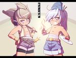  alternate_costume bad_id bad_pixiv_id blonde_hair blue_eyes earmuffs hat headphones mimiru_(mimill) mononobe_no_futo multiple_girls ponytail purple_eyes ritual_baton short_hair shorts silver_hair smile sword tate_eboshi touhou toyosatomimi_no_miko weapon 