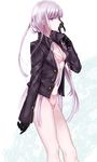  black_gloves bra braid danganronpa danganronpa_1 gloves jacket kirigiri_kyouko long_hair no_pants panties pink_bra pink_panties purple_eyes purple_hair solo standing underwear urahara 