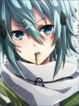  :o blue_eyes blue_hair blush bullet bullet_in_mouth close-up eyebrows_visible_through_hair hair_ornament hairclip keita_(tundereyuina) looking_at_viewer mouth_hold open_mouth scarf short_hair sinon solo sword_art_online v-shaped_eyebrows white_scarf 