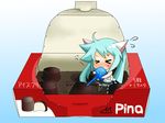  &gt;_&lt; 39 animal_ears aqua_hair blush box cat_ears character_name chibi chocolate closed_eyes hatsune_miku in_box in_container kanto long_hair minigirl pino_(food) skirt solo thighhighs twintails very_long_hair vocaloid 