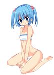  arm_support bare_legs bare_shoulders barefoot between_thighs bikini blue_eyes blue_hair breasts cleavage hair_bobbles hair_ornament kawashiro_nitori maturiuta_sorato short_hair sitting small_breasts smile solo swimsuit touhou two_side_up wariza white_bikini 