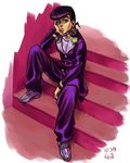  gakuran higashikata_jousuke jojo_no_kimyou_na_bouken male_focus pompadour purple_hair school_uniform sen_(sen69) sitting sitting_on_stairs solo stairs 