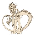  clothing dragon ear_piercing feline female jewelry leaning long_tail looking_at_viewer mammal monochrome navel necklace piercing redbeanviolin solo standing 