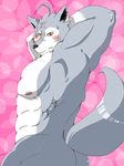  abstract_background amber_eyes anthro armpits arms_behind_head back biceps big_muscles black_nose blush butt canine facial_markings flexing fur grey_fur grey_hair hair jarex_(pixiv) leoncircle looking_back male mammal markings mooning morenatsu muscles nipples nude orange_eyes pecs pink_background plain_background pose presenting presenting_hindquarters raised_tail scar simple_background solo standing ten_kodori unknown_artist white_fur wolf 
