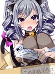  animal_ears bell bell_collar blush box cat_ears cat_tail collar detached_sleeves drill_hair grey_hair highres idolmaster idolmaster_cinderella_girls in_container kanzaki_ranko leg_hug long_hair mistrail open_mouth red_eyes solo tail tears twin_drills twintails 