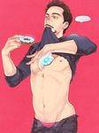  1boy bad_id bad_pixiv_id beard black_hair breastplate doughnut facial_hair food glowing groin look-alike male_focus male_pubic_hair marvel mustache nipples pink_background pubic_hair shirt_lift simple_background solo suzuki_tsuta tony_stark unbuttoned 