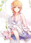  androgynous blonde_hair blush braid flower green_eyes leaf long_hair magi_the_labyrinth_of_magic male_focus sitting solo titus_alexius tukino_(panna) 