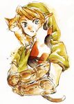 blonde_hair blue_eyes carrying cat dated gloves hat link male_focus pointy_ears solo the_legend_of_zelda the_legend_of_zelda:_twilight_princess traditional_media umehatsuzuki 