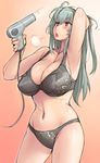  arm_up black_bra black_panties blush bra breasts cable cleavage gradient gradient_background hair_dryer large_breasts long_hair navel older open_mouth panties red_eyes rozen_maiden simple_background solo suigintou tsuda_nanafushi underwear underwear_only 