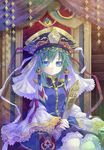  armband asymmetrical_hair blue_eyes embellished_costume green_hair hat holding long_sleeves looking_at_viewer rod_of_remorse shiki_eiki sitting skirt solo soukuu_kizuna throne touhou wide_sleeves 