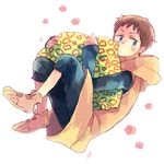  blue_eyes brown_hair floating flower full_body jacket king_(nanatsu_no_taizai) looking_at_viewer male_focus nanatsu_no_taizai pillow pillow_hug shoes simple_background solo sundaypeople9 white_background 