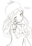  aiming_at_viewer blush character_name highres long_hair looking_at_viewer monochrome muku_(muku-coffee) one_eye_closed simple_background smile solo urufaru white_background wolf_rpg_editor 