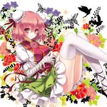  ayase_hazuki bandages bird bug bun_cover butterfly double_bun flower ibaraki_kasen insect pink_eyes pink_hair short_hair skirt smile solo tabard thighhighs touhou white_legwear 