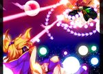  beads blonde_hair bracelet brown_hair cape danmaku dress earmuffs gradient_hair highres hijiri_byakuren jewelry kujou_mikuru long_hair multicolored_hair multiple_girls short_hair sleeveless sorcerer's_sutra_scroll touhou toyosatomimi_no_miko 