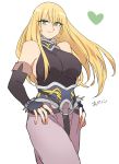  1girl abe_riko artist_name bare_shoulders blonde_hair breasts fate/grand_order fate_(series) fionn_mac_cumhaill_(fate/grand_order) genderswap genderswap_(mtf) green_eyes halterneck hands_on_hips heart large_breasts long_hair looking_at_viewer o-ring simple_background sleeveless smile solo standing white_background 