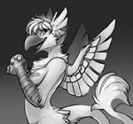  avian aycee beak breasts chest_tuft female gradient_background gryphon happy hoot_(character) looking_at_viewer monochrome open_mouth solo tuft wings 