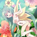  ass bare_shoulders breasts chuuta_(+14) flower gloves green_eyes green_hair long_hair looking_at_viewer mandrake_(p&amp;d) medium_breasts puzzle_&amp;_dragons solo white_gloves 