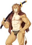  anthro biceps big_muscles blue_eyes briefs brown_fur brown_hair bulge chest clothed clothing eyewear feline fur glasses hair half-dressed katana lion looking_at_viewer male mammal mane muscles open_shirt paws pecs pink_nose plain_background pose shirt solo standing sword tan_fur tkfkd5362 toned undertaker underwear weapon whiskers white_background white_fur 