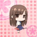  bag blush brown_eyes brown_hair character_name chibi idolmaster idolmaster_cinderella_girls looking_back mizumoto_yukari ooji school_uniform skirt solo 