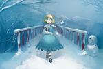  alice_margatroid apron blonde_hair blue_eyes book capelet dress hair_ribbon hairband long_hair long_sleeves mountain nature nihimaru pantyhose ribbon shanghai_doll shoes smile snow snowman solo touhou tree white_legwear 