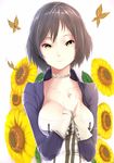  bioshock bioshock_infinite black_hair breasts brown_hair bug butterfly choker cleavage commentary dress elizabeth_(bioshock_infinite) flower hands_on_own_chest hews_hack highres insect large_breasts looking_at_viewer short_hair solo sunflower white_background yellow_eyes 