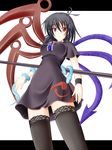  black_hair black_legwear campbell_gichou houjuu_nue polearm red_eyes snake solo thighhighs thighs touhou weapon wings wristband zettai_ryouiki 