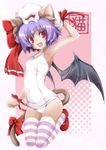  alternate_costume animal_ears armpits bare_shoulders bat_wings bow cat_ears cat_tail covered_navel hand_behind_head kemonomimi_mode kneeling lavender_hair one-piece_swimsuit open_mouth red_eyes remilia_scarlet ribbon school_swimsuit slender_waist smile solo striped striped_legwear swimsuit tail tail_bow thighhighs touhou white_school_swimsuit white_swimsuit wings wrist_ribbon yumesato_makura 