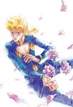  black_eyes blonde_hair braid bug flower giorno_giovanna insect jojo_no_kimyou_na_bouken ladybug male_focus petals selina solo 