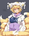  blonde_hair blush eyebrows fox_tail hands_in_opposite_sleeves hat iroyopon multiple_tails open_mouth short_hair simple_background solo tail thick_eyebrows touhou yakumo_ran yellow_eyes 