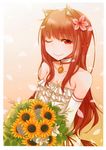  ;) absurdres animal_ears ayakura_juu bare_shoulders bouquet brown_hair choker collarbone dress elbow_gloves flat_chest flower gloves hair_flower hair_ornament highres holo lips long_hair one_eye_closed petals red_eyes scan smile solo spice_and_wolf tail upper_body wedding_dress white_dress white_gloves wolf_ears wolf_tail 