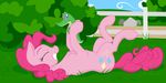  alligator bush cloud cutie_mark equine eyes_closed female fence feral friendship_is_magic geomancing grass gummy_(mlp) hair happy horse lying mammal my_little_pony outside pink_hair pinkie_pie_(mlp) playing pony purple_eyes reptile rock scalie sky smile 