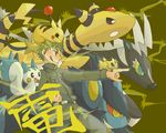  ampharos blonde_hair crossover gelato gen_1_pokemon gen_2_pokemon gen_4_pokemon gen_5_pokemon jojo_no_kimyou_na_bouken joltik luxray pachirisu pikachu pointing pokemon pokemon_(creature) short_hair tsukumoya_hajime zebstrika 