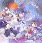  album_cover ascot bell bird_wings black_hair black_wings blue_sky bow breasts brown_hair cloud cover detached_sleeves fan flower hair_bow hair_flower hair_ornament hair_tubes hakurei_reimu hat hat_ribbon hauchiwa jingle_bell kagura_suzu large_breasts long_sleeves midriff multiple_girls open_mouth orange_eyes pointy_ears pom_pom_(clothes) puffy_sleeves purple_eyes ribbon sash scarf shameimaru_aya shirt short_sleeves skirt skirt_set sky smile soukuu_kizuna tokin_hat touhou wide_sleeves wings wrist_cuffs 