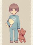  bad_id bad_pixiv_id brown_eyes brown_hair full_body male_focus mi_(trtr_ptpt) original pajamas pillow slippers solo stuffed_animal stuffed_toy teddy_bear 