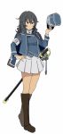  1girl adapted_uniform andou_(girls_und_panzer) bangs bc_freedom_(emblem) bc_freedom_military_uniform black_footwear black_hair blue_coat blue_hat blue_jacket blue_vest boots brown_eyes closed_mouth dark_skin dress_shirt emblem full_body girls_und_panzer hand_on_hip hat hat_removed headwear_removed high_collar highres holding holding_hat jacket jacket_on_shoulders knee_boots light_frown long_sleeves medium_hair messy_hair military military_hat military_uniform miniskirt perfect_han pleated_skirt saber_(weapon) shako_cap shirt simple_background skirt solo standing sword uniform vest weapon white_background white_shirt white_skirt 
