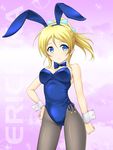  ayase_eli blonde_hair blue_eyes bunnysuit fishnet_pantyhose fishnets hand_on_hip looking_at_viewer love_live! love_live!_school_idol_project masakichi_(crossroad) pantyhose ponytail solo wrist_cuffs 