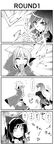  4koma :d ^_^ bow cape clenched_hand closed_eyes comic dress from_side gradient_hair greyscale hair_bow hair_tubes hakurei_reimu highres hijiri_byakuren hopeless_masquerade kakao_(noise-111) long_hair monochrome multicolored_hair multiple_girls open_mouth raised_fist ritual_baton short_hair short_sleeves sidelocks simple_background smile touhou toyosatomimi_no_miko translated white_background 