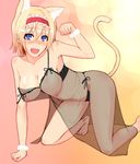  :d alice_margatroid animal_ears babydoll black_panties blonde_hair blue_eyes blush breasts cat_ears cat_tail collarbone hairband hanging_breasts jajao kemonomimi_mode large_breasts lingerie looking_at_viewer nipples open_mouth panties paw_pose puffy_nipples see-through short_hair side-tie_panties smile solo tail touhou underwear underwear_only 