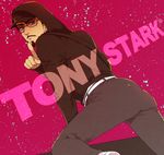  ass bad_id bad_pixiv_id black_hair casual character_name crawling fabulous facial_hair finger_to_mouth hood hoodie male_focus marvel mustache solo sunglasses suzuki_tsuta tony_stark 
