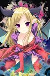  bad_id bad_pixiv_id bat_wings blonde_hair breasts cleavage demon_girl demon_wings dress gloves horns kneeling large_breasts lilith_(p&amp;d) long_hair pointy_ears puzzle_&amp;_dragons red_eyes red_legwear sitting skirt smile solo thighhighs tsukiji wings 