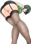  ass breasts from_below garter_straps green_hair idolmaster idolmaster_(classic) large_breasts legs legs_together looking_at_viewer looking_down miyamoto_issa otonashi_kotori pencil_skirt red_eyes short_hair simple_background skirt solo thighhighs white_background 