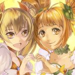  blonde_hair breakblack brown_eyes brown_hair choker color_connection cure_rosetta cure_sunshine dokidoki!_precure double_bun flower green_choker hair_flower hair_ornament heart heart_hands heart_hands_duo heartcatch_precure! long_hair magical_girl multiple_girls myoudouin_itsuki orange_choker precure smile twintails wrist_cuffs yellow_background yotsuba_alice 