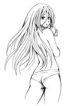  ass bbb_(friskuser) from_behind greyscale hair_between_eyes hairband highres hyouka irisu_fuyumi lineart long_hair looking_back monochrome panties simple_background topless underwear white_background 