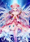  angel angel_wings blue_eyes brooch copyright_name cross crystal dress feathers flower gem hair_ornament halo hands_clasped hands_together ibara_riato jewelry long_hair looking_at_viewer michael_(z/x) official_art own_hands_together pink_hair red_dress ribbon rose solo standing watermark wings z/x 