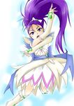  arm_warmers bad_id bad_pixiv_id boots bow brooch cure_egret detached_sleeves dress earrings fingerless_gloves futari_wa_precure_splash_star gloves hair_bow hair_ribbon heart himemi_riru jewelry long_hair magical_girl mishou_mai ponytail precure purple_eyes purple_hair ribbon solo very_long_hair white_footwear 